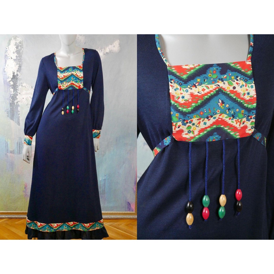 1970s Maxi, Navy Blue British Vintage Long Boho Country Prairie Style ...