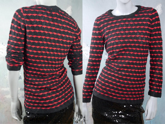 1970s Jantzen Knit Sweater, Red Black Horizontal … - image 1