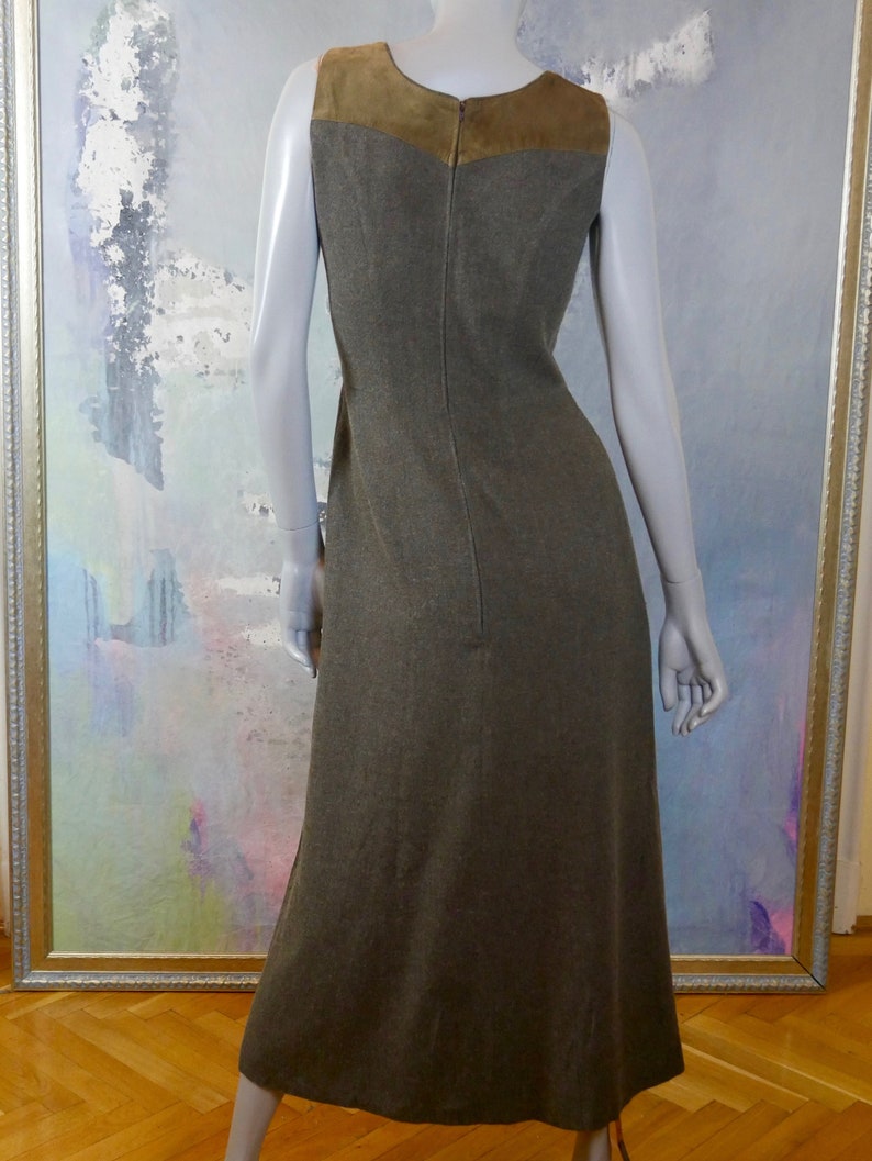 12 UK 1990s Austrian Vintage Trachten Dress Size 8 US Sleeveless Gray Midi Dress with Brown Faux Suede Yoke with Floral Stitching