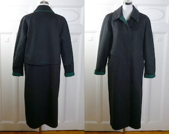 Long Charcoal Gray Wool Coat, 1990s European Vintage Winter Overcoat with Green Trim, Size 14 US, 18 UK