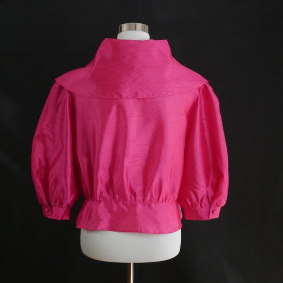Hot Pink Blouse, 1980s Vintage Silk Feel Puff Sle… - image 5