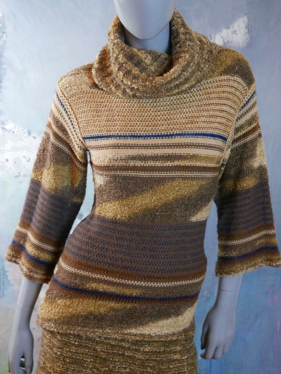 70s Dress Set, Tan & Brown Bouclé Swedish Knit Co… - image 4