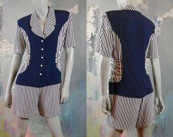 Nautical Romper, 1990s Navy Blue & White Striped Shorts Jumpsuit, Size 10 US, 14 UK