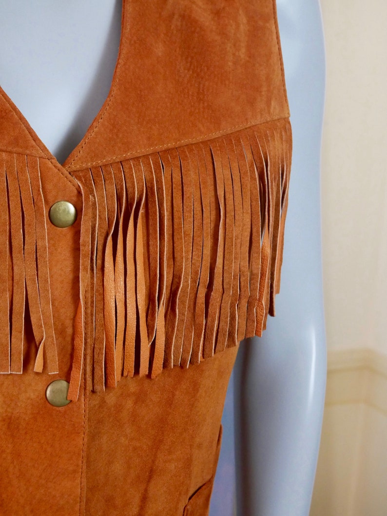Size 12 US Butternut Squash Ruddy Brown Suede Western Cowgirl Waistcoat Leather Fringe Vest 16 UK