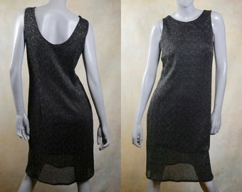 Black Sleeveless Dress, 80s German Vintage Sheath Dress with Silver Metallic Strands, Size 10 US, 14 UK