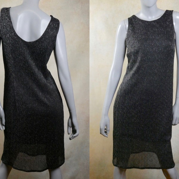 Black Sleeveless Dress, 80s German Vintage Sheath Dress with Silver Metallic Strands, Size 10 US, 14 UK