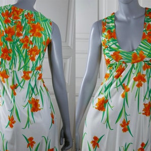Early 1970s Maxi Dress, Vintage Lord and Taylor White Sleeveless Long Dress w Orange Yellow Daffodils, Spring/Summer Dress: 8 US, Size 12 UK