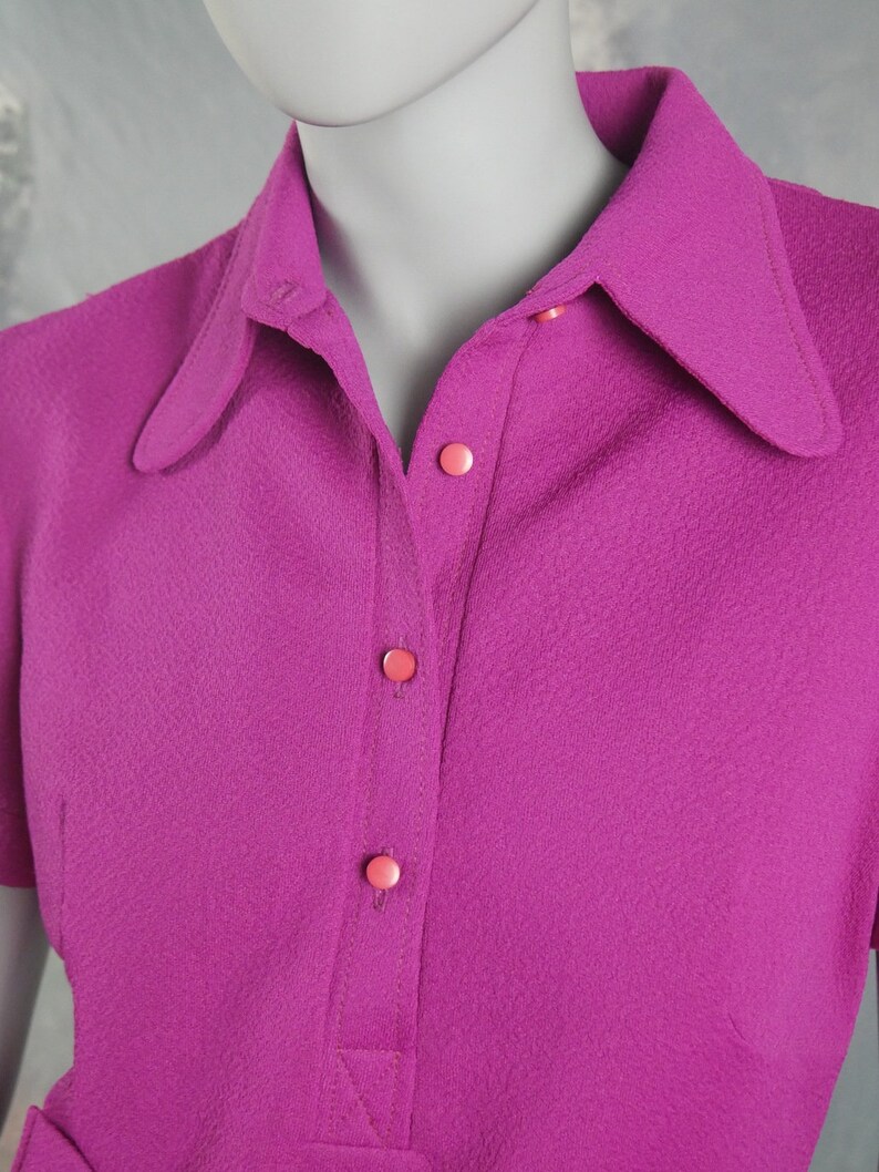 1970s Shirt Dress Size 10 US Size 14 UK Magenta Polyester Short-Sleeve Above-the Knee Mad Men Dress