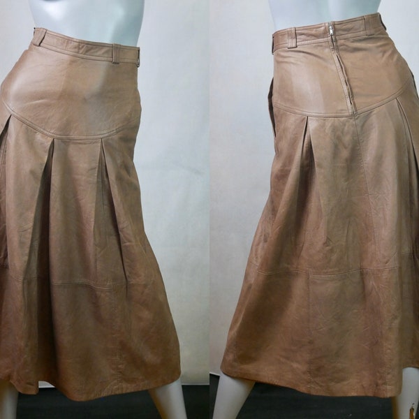 Soft Fawn Brown Leather Skirt, 80s Vintage Tan Pleated Midi Length, Waist 26 Inches (66.04cm)