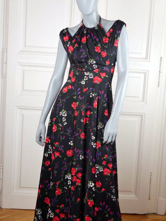 1980s Black Floral Maxi Dress, German Vintage Flo… - image 2