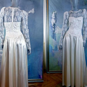Off-White Wedding Dress, Antique Satin Lace European Vintage Bridal Gown, Size 10 US, 14 UK