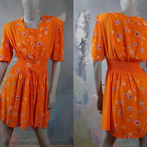 Short-Sleeve Orange Summer Dress, Early 1980s Lightweight European Vintage Dress: Size 12 US, 16 UK