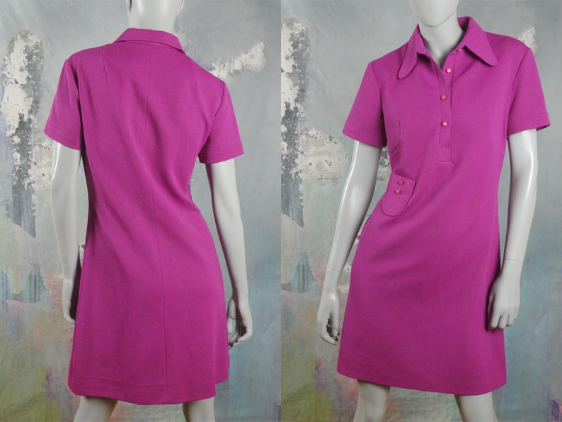 1970s Shirt Dress Size 10 US Size 14 UK Magenta Polyester Short-Sleeve Above-the Knee Mad Men Dress