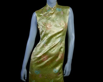 Sleeveless Satin Dress, 90s Vintage Golden Chartreuse Chinese