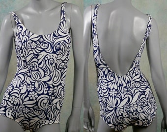 1960s Bathing Suit, Authentic Vintage Navy Blue & White Floral Bathing Suit: Size 6 US, 10 UK