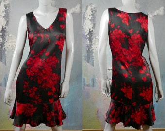 Sleeveless Summer Dress, 1990s European Vintage V Neckline Black & Red Floral Dress: Size 10 US, 14 UK