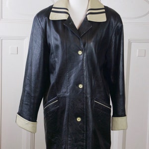 Vintage Black Leather Coat, 80s European Soft Lambskin Coat with Cream Collar, Size 14 US, 18 UK image 3