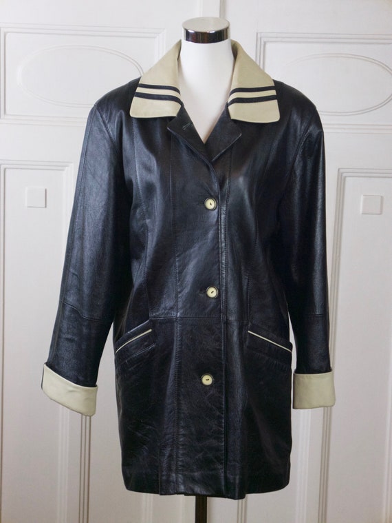 Vintage Black Leather Coat, 80s European Soft Lam… - image 3