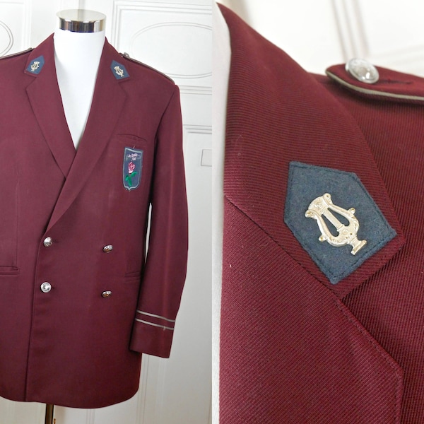 Band Officer Uniform Jacket, Burgundy Music Department Officer Blazer w Epaulets and Silver Apollo Lyre Pins, Military Costume: 40 US/UK