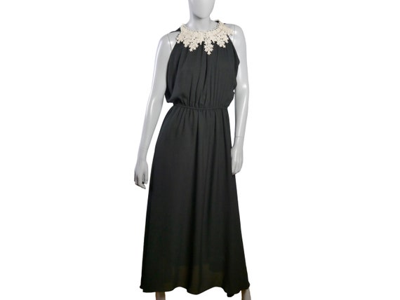 70s Vintage Long Black Sleeveless Dress with Lace… - image 3