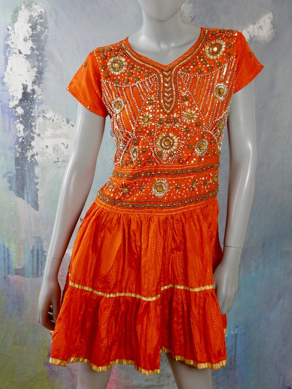 Orange Silk Dress w Jewel Sequin & Beaded Front, … - image 2