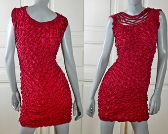 Vintage Crushed Velvet Dress, Red Mini Dress, Slip-On Sleeveless Red Velvet Short Dress: Size 6 US, Size 10 UK