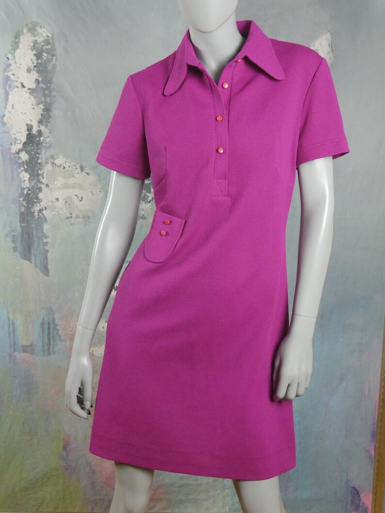 1970s Shirt Dress Size 10 US Size 14 UK Magenta Polyester Short-Sleeve Above-the Knee Mad Men Dress