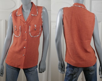 Rust Orange Sleeveless Top, Linen Blend Vintage Blouse with Plaid Trim: Size Large, 12/14 US, 16/18 UK