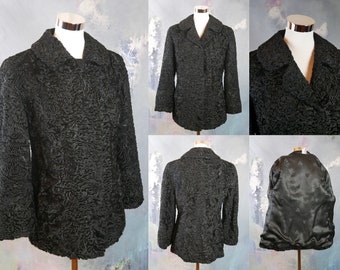Black Karakul Jacket, 1960s Swedish Vintage Persian Lamb Fur Car Coat: Size 6 US, 10 UK