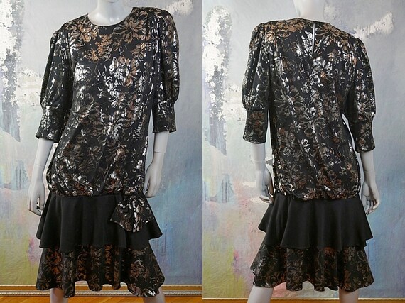 1980s Black and Silver Metallic Dress, European Vi