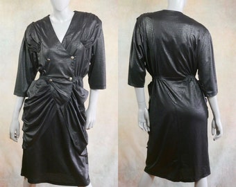 1980s Black Dress, Vintage Crocodile Print Padded Shoulders 80s Power Dress: Size Medium, 8/10 US, 12/14 UK