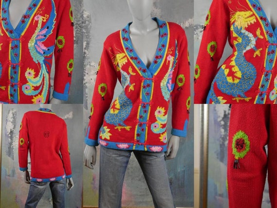 1990s Storybook Knits Sweater Chinese Theme Red Blue Yellow Etsy