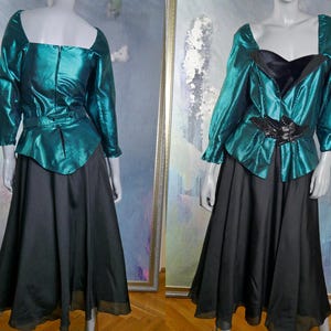 Vintage Prom Dress, 1980s German Black Turquoise Elegant Cocktail Dress, Party Dress: Size 10 US, Size 14 UK