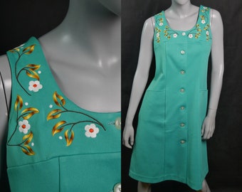 70s Sleeveless Dress, Aqua Turquoise Green Embroidered Vintage Jumper Dress