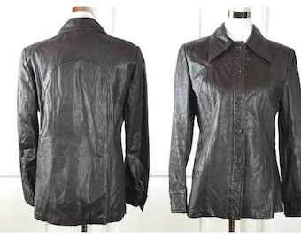 70s Leather Jacket, German Vintage Shirt Style Jacket with Wide Dagger Collar, Small