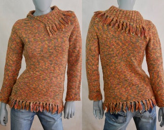 1980s Sweater, European Vintage Orange Wool Knit Pullover Top w Wide Asymmetrical Johnny Collar with Fringe: Size 6 USA, 10 UK