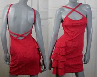 80s Vintage Disco Dress, Red Ruched Polyester Sleeveless Crossover Strap Dress, Size 8 US, 12 UK