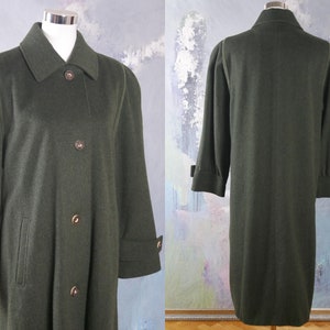 Loden Wool Coat, Austrian Vintage Olive Green Long Overcoat with Faux Antler Buttons: Size 14 US, 18 UK
