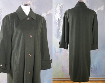 Płaszcz z wełny loden, austriacki długi płaszcz vintage w kolorze oliwkowozielonym z guzikami z imitacji poroża: rozmiar 14 US, 18 UK