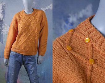 Orange Sweater, Wool Knit Crew Neck Pullover: Size 12/14 US, 16/18 UK