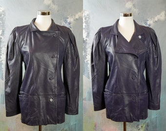 1980s Purple Leather Jacket, European Vintage Puffed Sleeve Jacket: Size 8 US, 12 UK