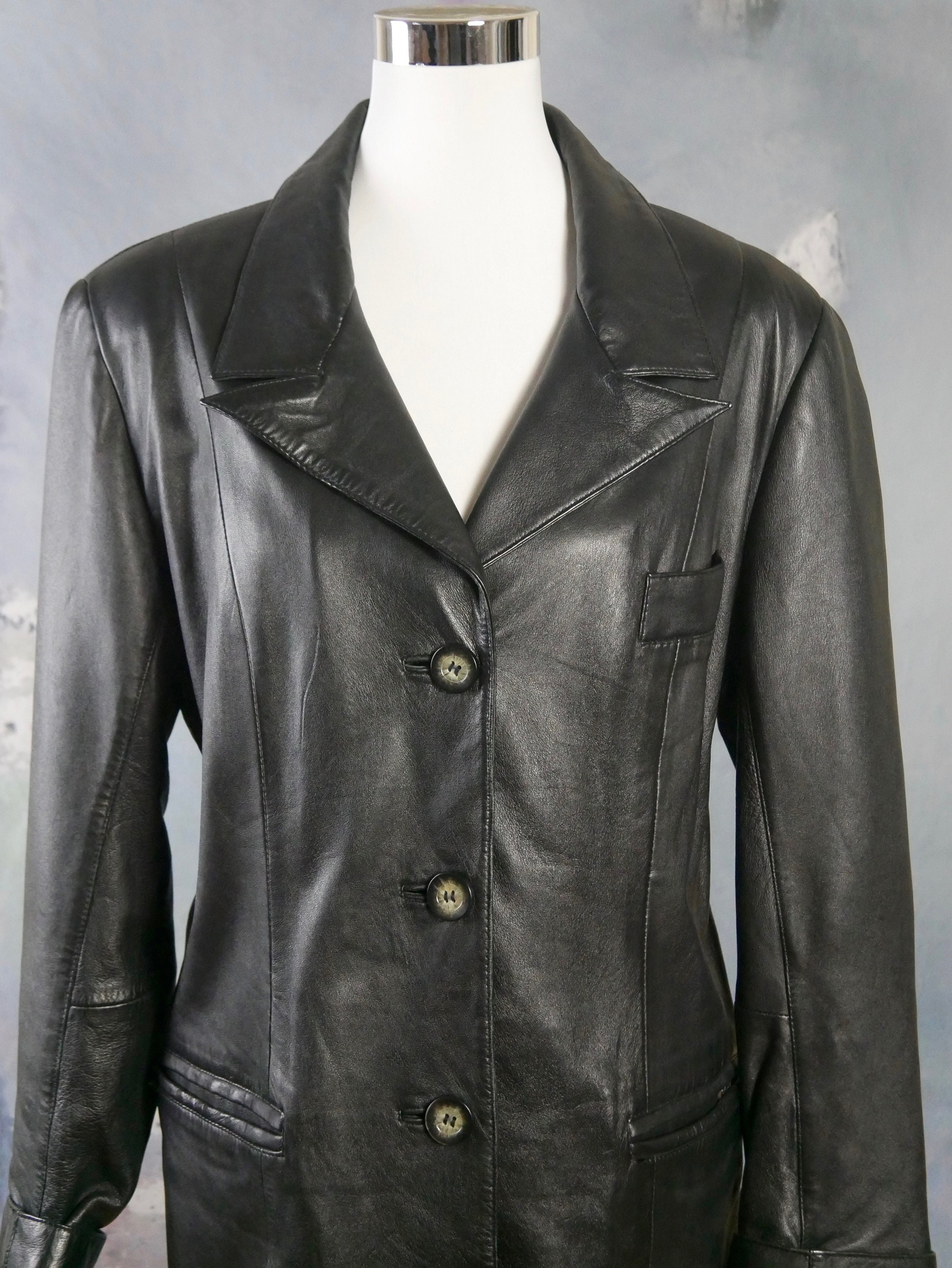 1980s Black Leather Coat European Vintage Single-Breasted | Etsy
