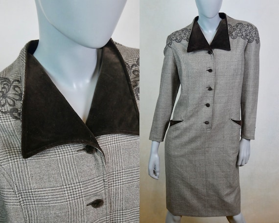 80s Vintage Dress, Italian Light Brown Houndstoot… - image 1