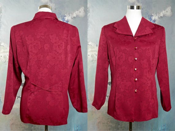 1980s European Vintage Long Tunic-Style Lightweight Blazer Top Red Floral Blouse Size 12 US 16 UK