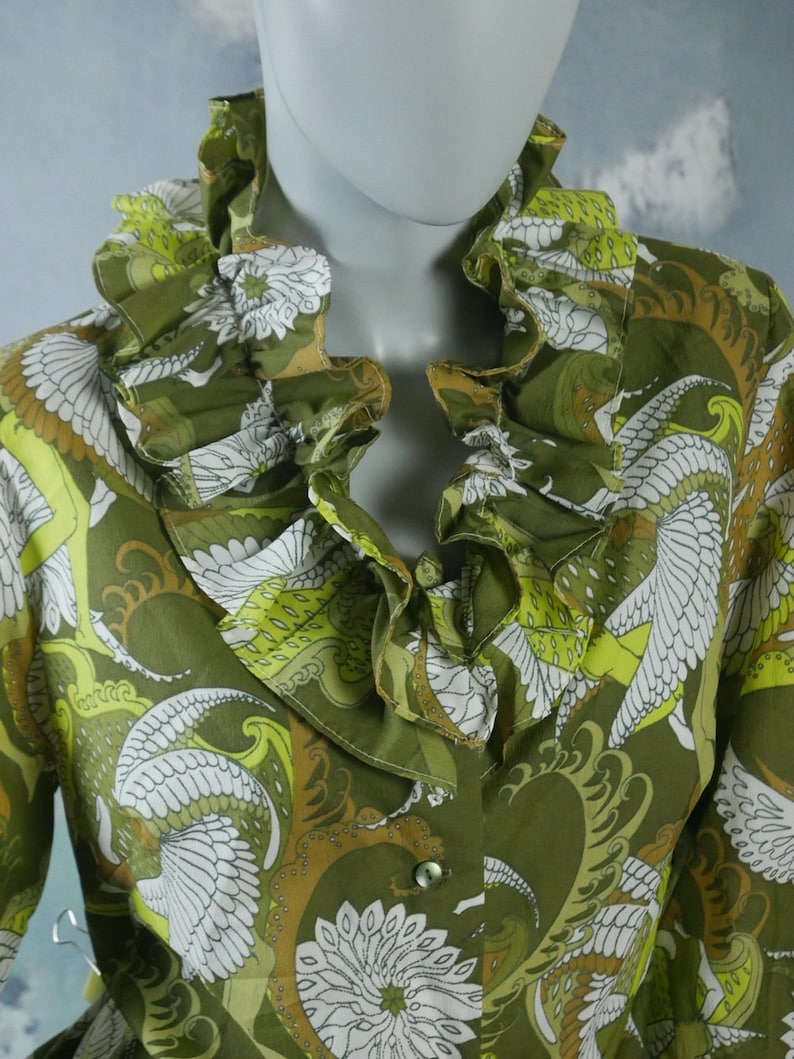 Green Abstract Pattern Retro Top with Ruffled Neckline 1970s Swedish Vintage Floral Blouse Size 14 US 18 UK