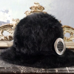 Black Faux Fur Bucket Hat, 1960s Austrian Vintage Women's Hat with Silver Decorative Ring: Size Medium (7 1/8 US)
