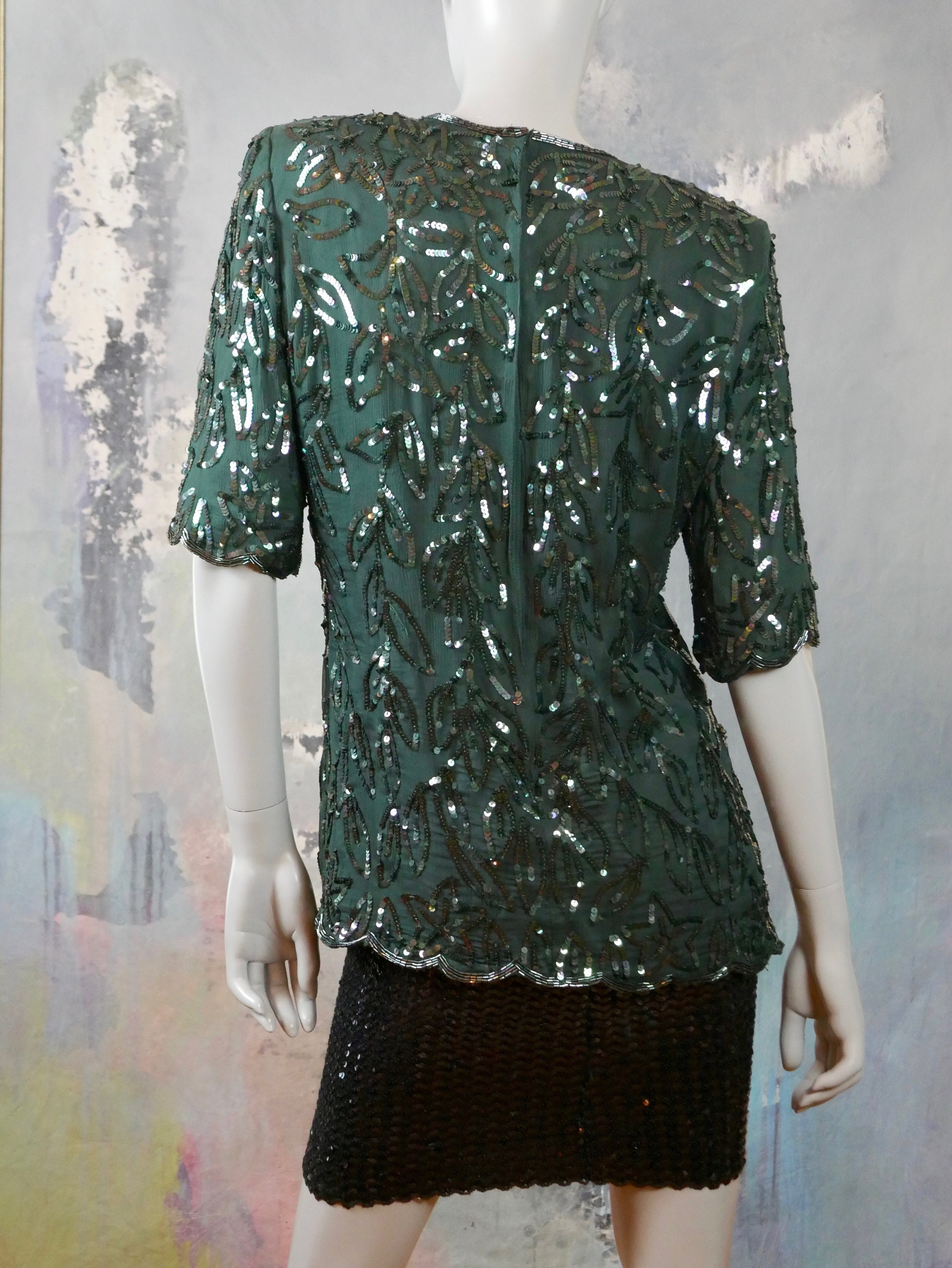 1980s Dark Green Beaded & Sequin Silk Top British Vintage - Etsy