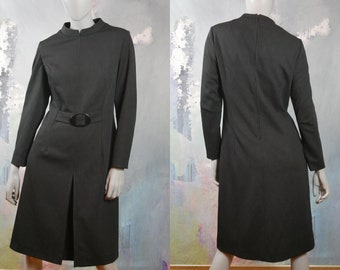1960s Mod Black Dress, European Vintage Long-Sleeve  Knee-Length Dress: Size 10 US, 14 UK