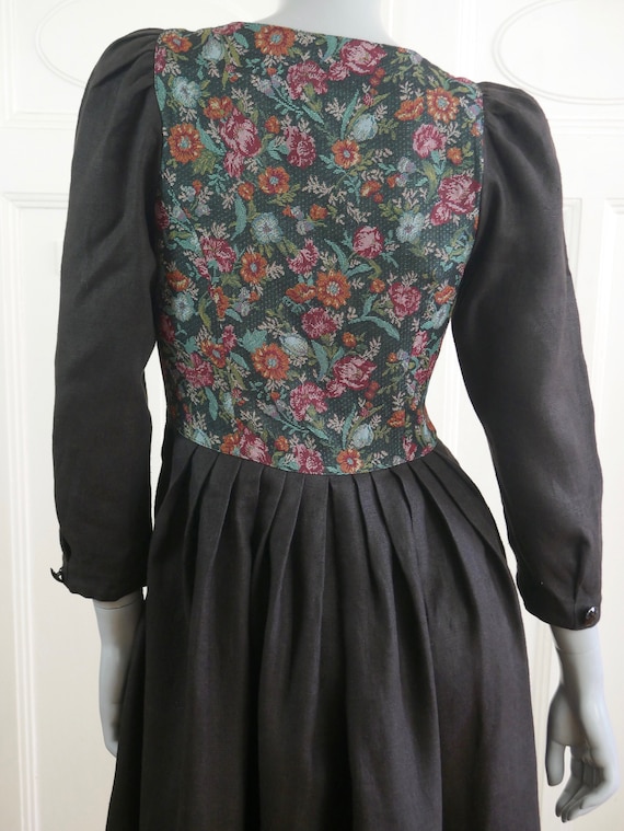 Black Linen Puff Sleeve Dress with Floral Brocade - image 6