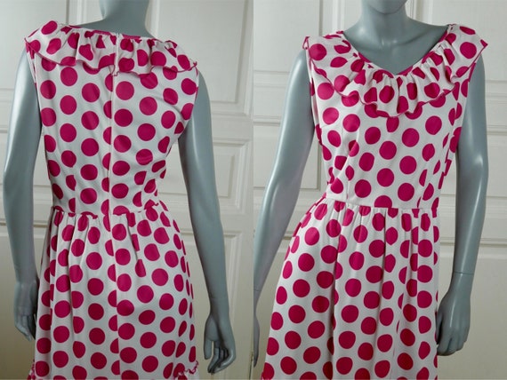 1970s Sleeveless Polka Dot Dress, White Ruffle Po… - image 1